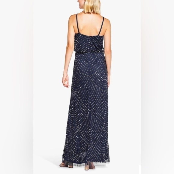 Nwt Adrianna Papell Spaghetti Strap Beaded Blouson Ball Gown in Gunmetal - Picture 5 of 15